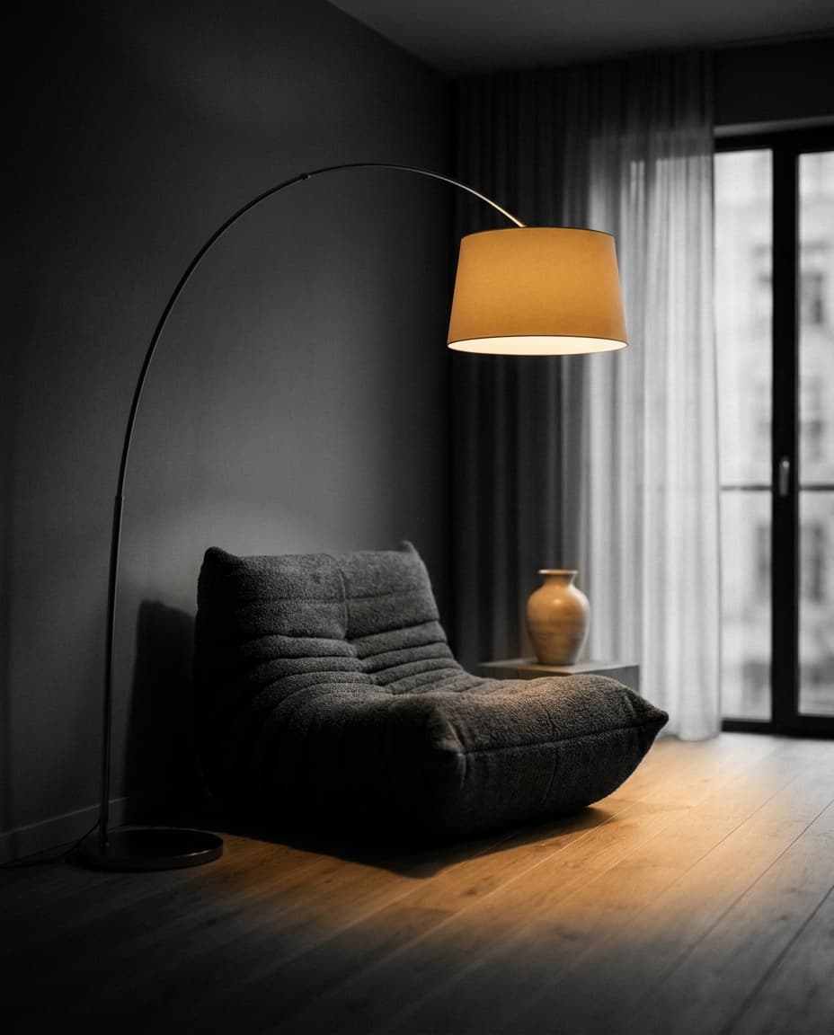 Arco — Stehleuchten aus Stahl & Marmorfuß für Wohnzimmer · Sofa, warmweißes Licht