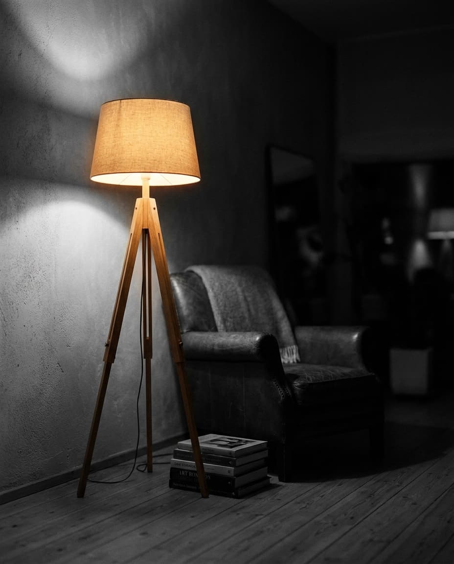 Nord — Stehleuchten aus Eiche & Leinenschirm für Leseecke · Schlafzimmer, warmweißes Licht