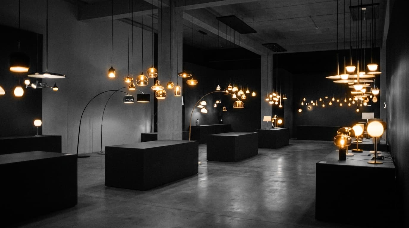 Showroom im Dunkeln — viele Leuchten mit warmem Licht